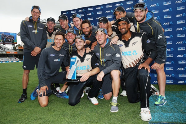 The Black Caps celebrate after winning the Twenty20 International series 