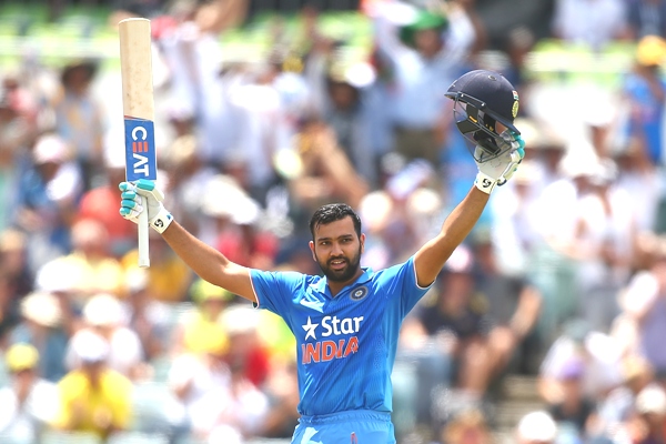 Rohit Sharma celebrates his century in the first ODI against Australia in Perth, January 12, 2016. Photograph: Paul Kane/Getty Images