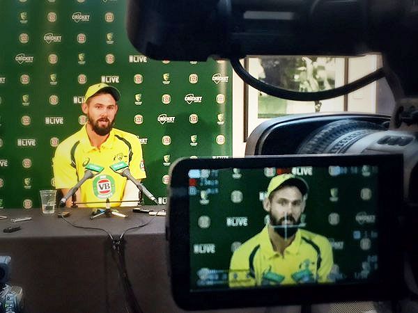 Australian bowler Kane Richardson speaks at a press conference after the 4th ODI against India in Canberra on Wednesday