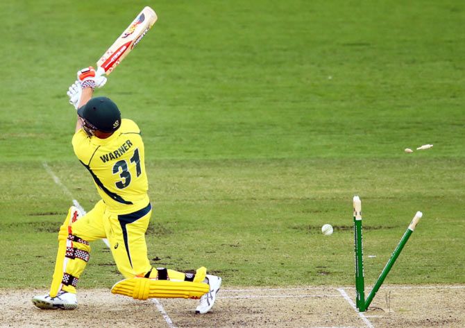 David Warner bowled by Ishant Sharma in the India-Australia ODI at Canberra, January 20, 2016. Photograph: Mark Nolan/Getty Images