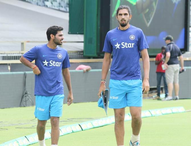 Indian bowlers Bhuvneshwar Kumar and Ishant Sharma (right) during a practice session 
