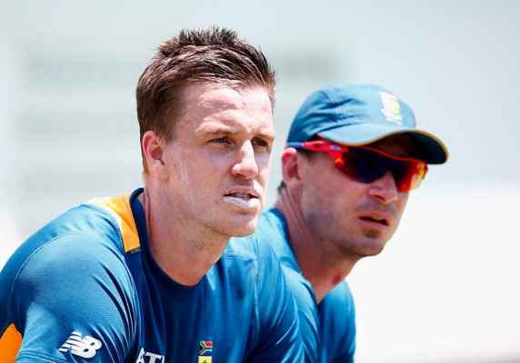 Fast bowlers Morne Morkel (left) and Dale Steyn look on during a South Africa training session 
