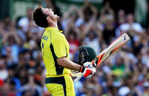 Mitchell Marsh of Australia celebrates after scoring a century in the Sydney ODI 