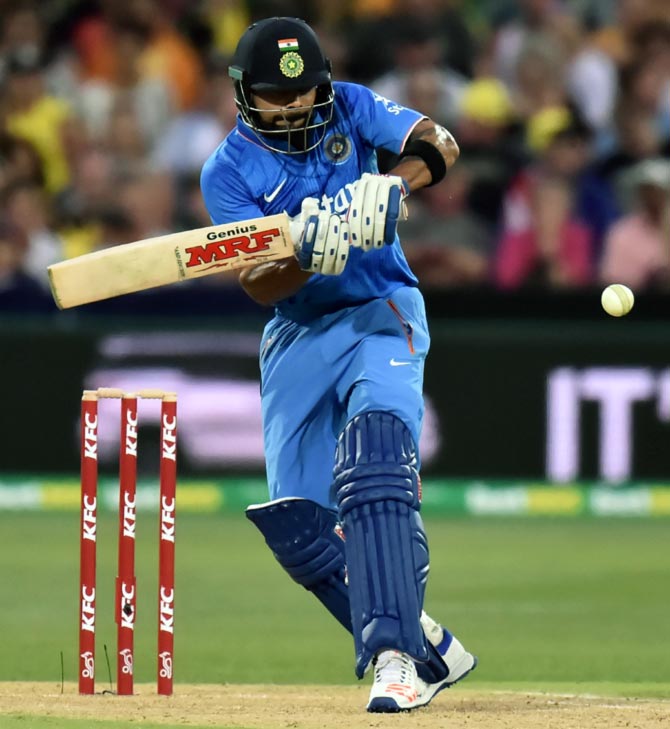 India's Virat Kohli plays a shot during the Adelaide T20 against Australia