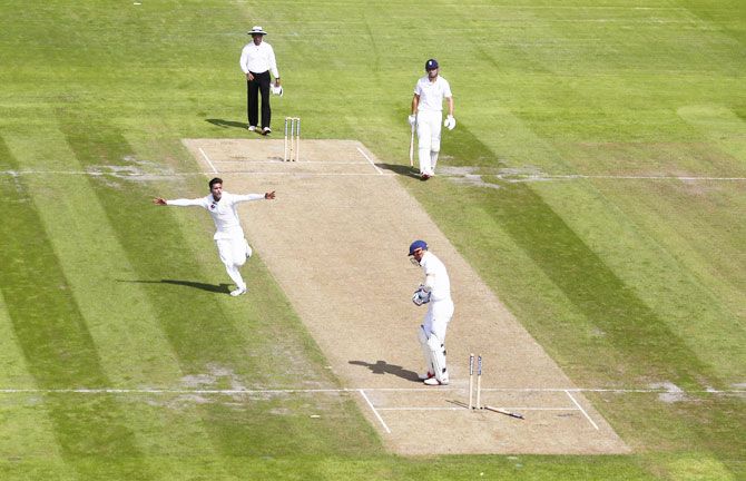 Pakistan's Mohammad Amir celebrates taking the wicket of England's Alex Hales