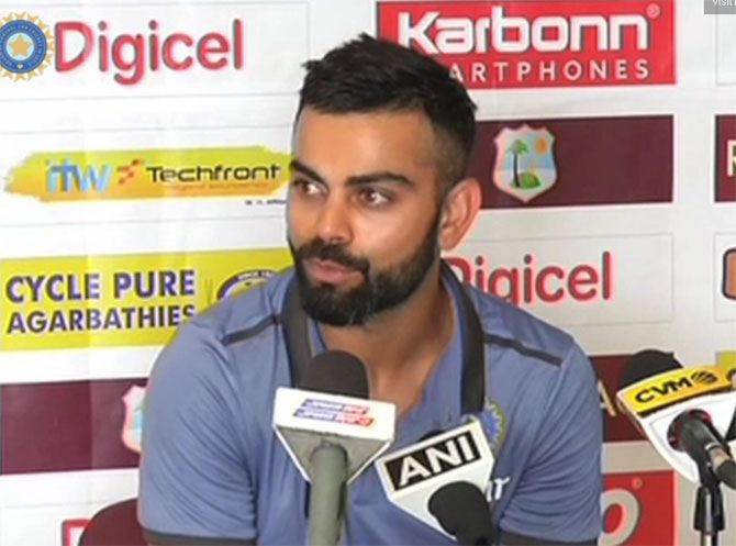 Virat Kohli speaks at a press conference ahead of the 2nd Test in Kingston, Jamaica, on Saturday