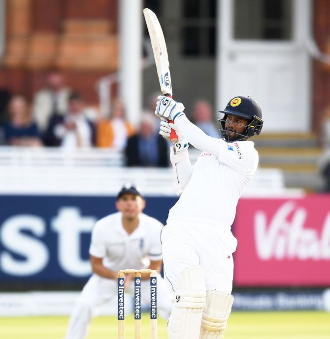 Sri Lanka's Dimuth Karunaratne bats during Day 4 of the 3rd Test match against England at Lord's Cricket Ground in London on Sunday
