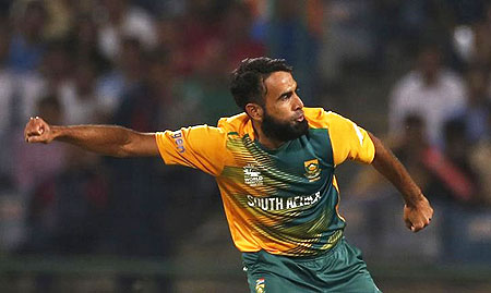 South Africa's Imran Tahir celebrates a wicket