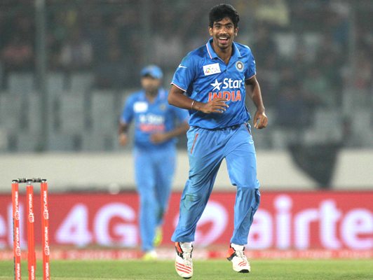  India's Jasprit Bumrah celebrates taking a wicket during the Asia Cup in Mirpur 