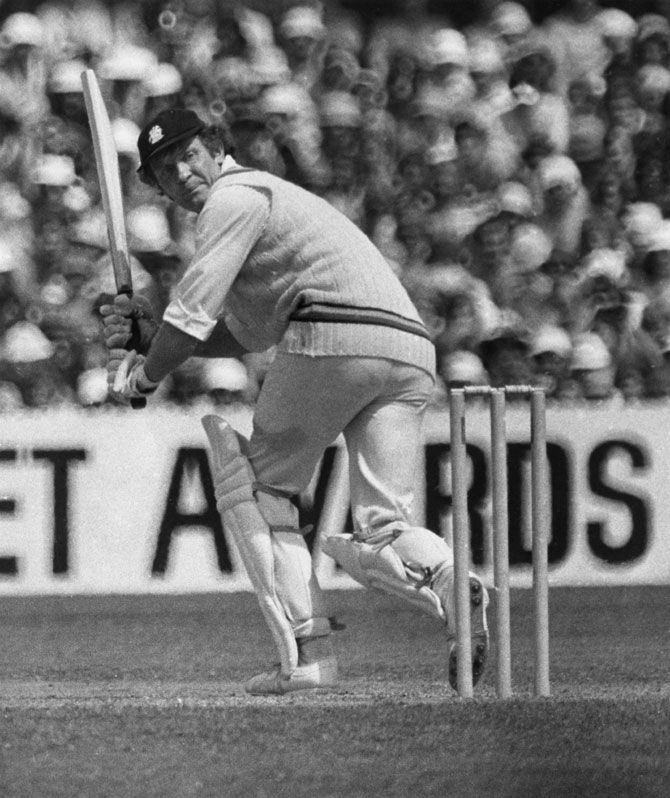 England's Mike Denness hits a century in the sixth Test at Melbourne, Australia, on February 1975