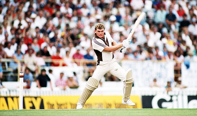 New Zealand batsman Martin Crowe cuts the ball during his unbeaten 105 during the 3rd ODI between New Zealand and England at Eden Park, in Auckland, New Zealand, on February 25, 1984