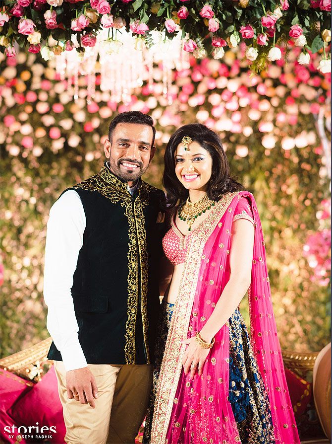 Mr and Mrs Uthappa at their wedding reception