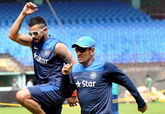 India's Virat Kohli and MS Dhoni during a practice session 