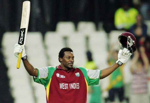 Chris Gayle of the West Indies celebrates his century