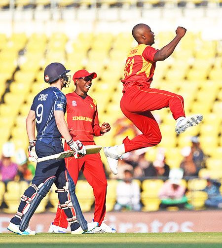 Zimbabwe bowler Tendai Chatara celebrates the wicket of Scotland batsman Mathew Cross during the ICC T20 World cup match played in Nagpur on Thursday