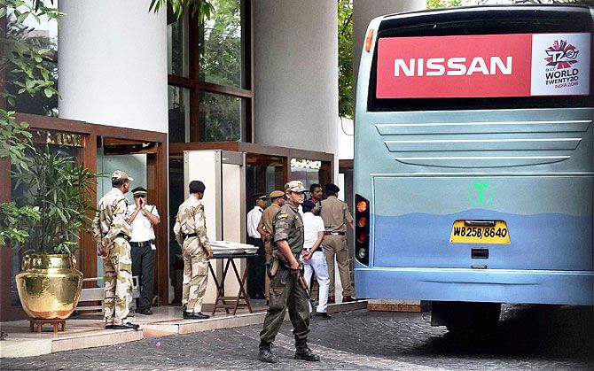 Commandos keep vigil inside the premises of the hotel where Pakistan team is staying in Kolkata on Saturday