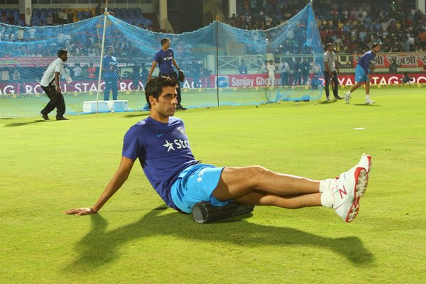 Ashish Nehra of India during a training session 