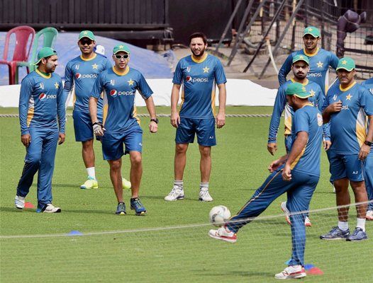 Pakistan cricketers at a training session at the Eden Gardens