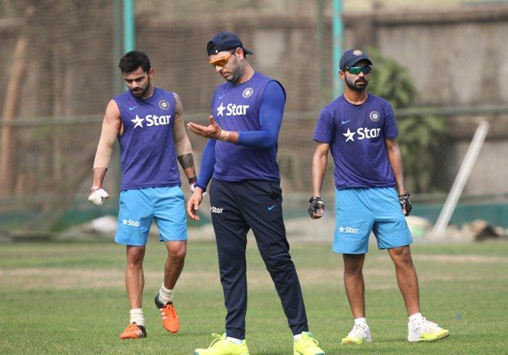 India's Virat Kohli, Yuvraj Singh and Ajinkya Rahane during a practice session