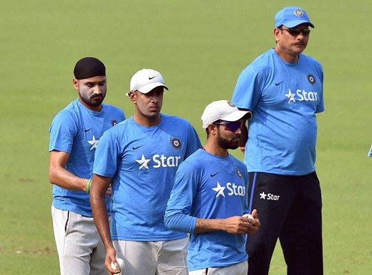 Indian players Ravichandran Ashwin, Harbhajan Singh and Ravindra Jadeja at training session