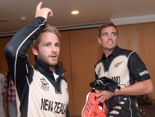 New Zealand captain Kane Williamson with teammate Tim Southee after a press conference 