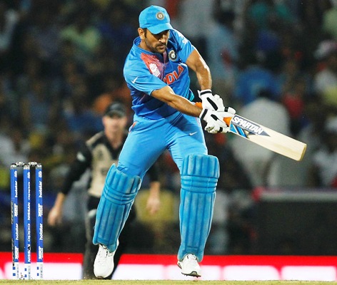 India's captain Mahendra Singh Dhoni plays a shot 