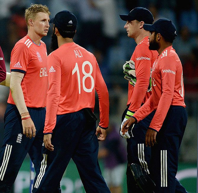 England players look dejected after their ICC World Twenty20 India 2016 Super 10s Group 1 match against West Indies at Wankhede Stadium in Mumbai on Wednesday