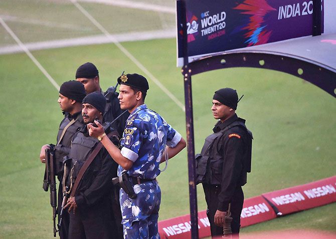 Commandos keep strict vigil during Pakistans cricket teams training session at the Eden Gardens in Kolkata on Friday