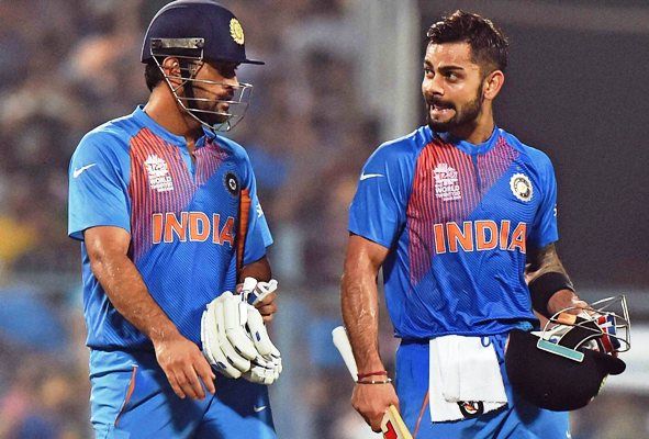 Indian captain MS Dhoni and Virat Kohli after beating Pakistan in the ICC T20 World T20 match at Eden Gardens