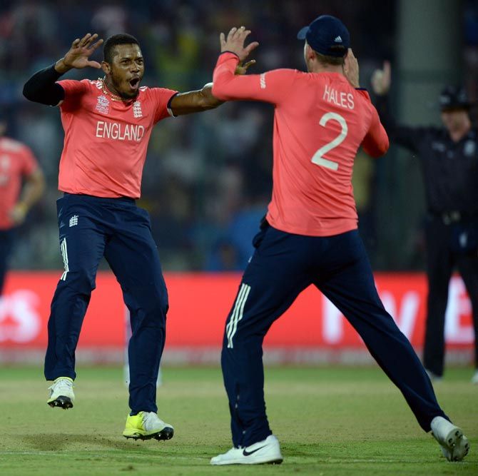 Chris Jordan, left, celebrates dismissing Dinesh Chandimal during the ICC World T20 match in New Delhi, on Saturday