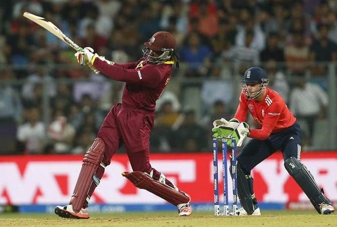Chris Gayle on his way to hundred during the World T20 match against England