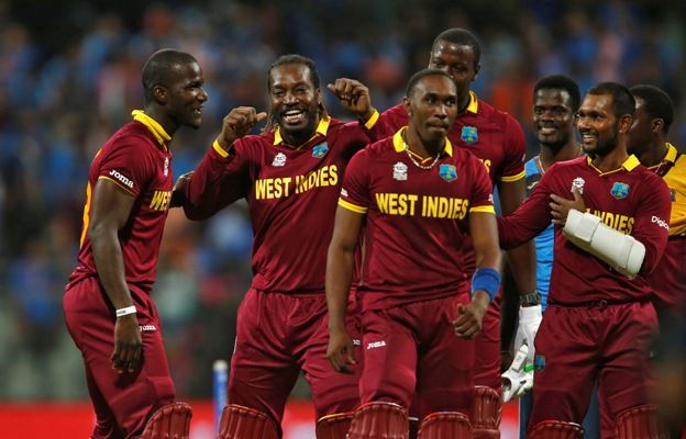 The West Indies players celebrate their semi-final triumph against India, March 31, 2016. Photograph: Danish Siddiqui/Reuters