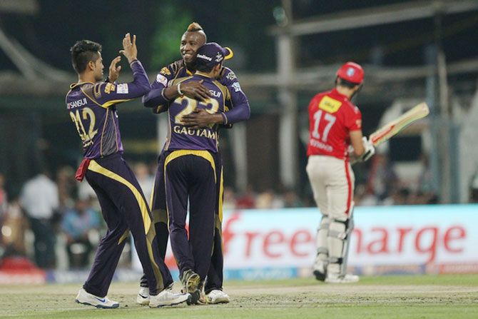 KKR's Andre Russell celebrates the wicket of Kings XI Punjab's Marcus Stoinis on Wednesday
