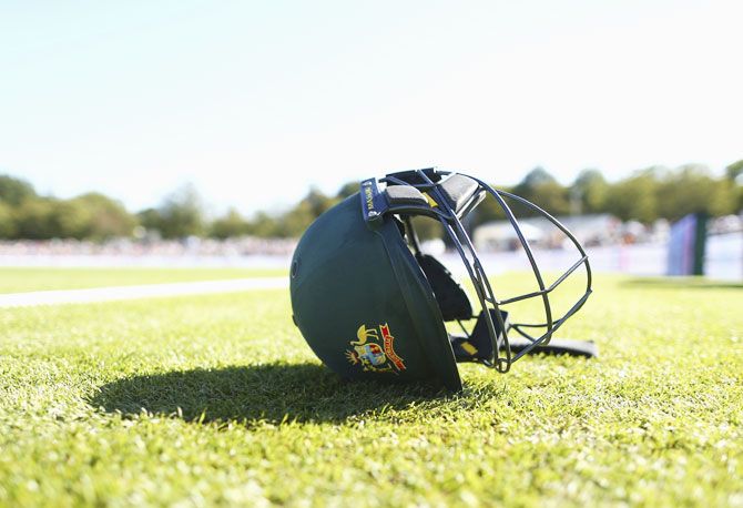 : An Australian helmet is seen during day two of the Test match between New Zealand and Australia at Hagley Oval on February 21, 2016 