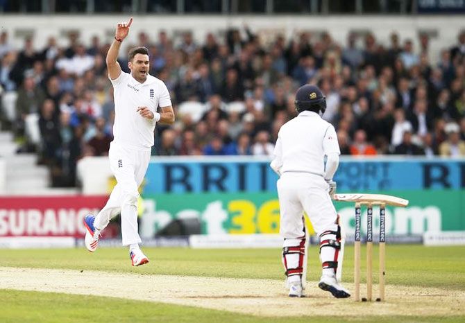 England's James Anderson celebrates dismissing Sri Lanka's Kaushal Silva on Day 3 of the first Test at Hedingley on Saturday