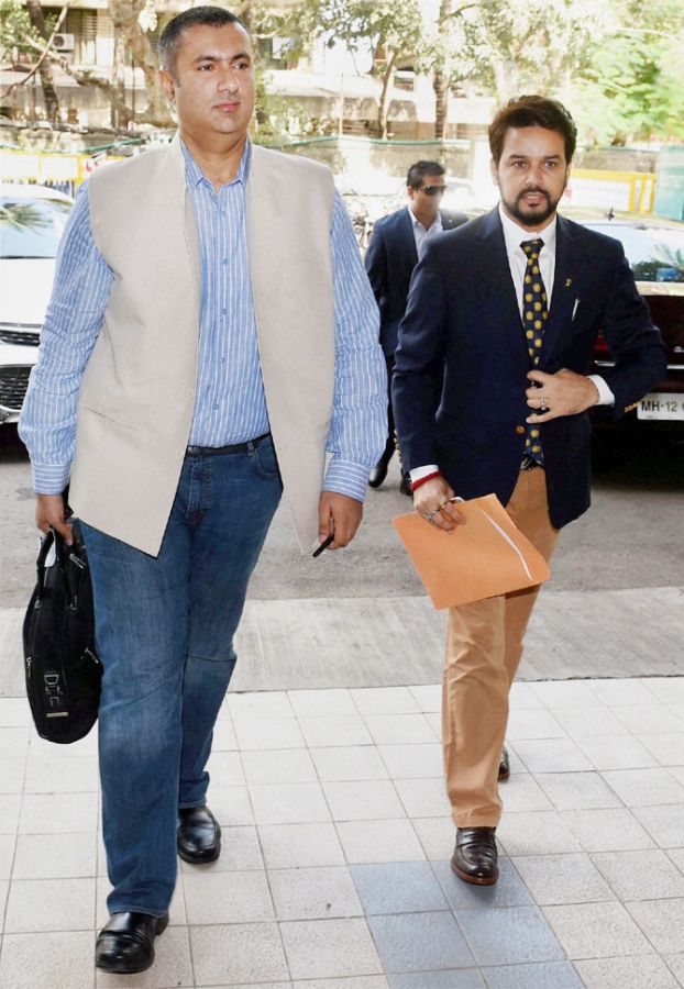 Anurag Thakur and Anirudh Chaudhary arrive for the special general meeting (SGM) at BCCI headquarters in Mumbai on Sunday