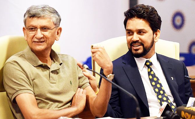 BCCI president Anurag Thakur and BCCI secretary Ajay Shirke speak during a press conference on Sunday