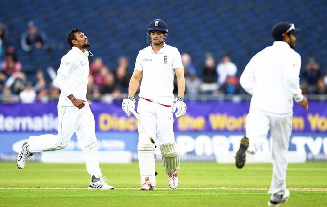 England captain Alastair Cook leaves the field after being dismissed by Sri Lanka's Suranga Lakmal during day one of the 2nd Test match at Emirates Durham ICG in Chester-le-Street, United Kingdom, on Friday