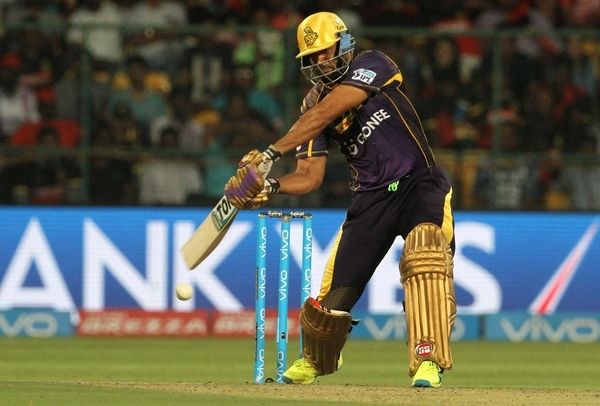 Yusuf Pathan hits a boundary during his match-winning knock against Royal Challengers Bangalore in Bengaluru on Monday