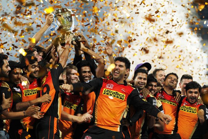 Players of Sunrisers Hyderabad celebrate their IPL 9 victory in Bangalore on Sunday