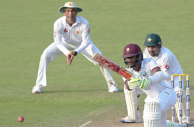 West Indies' Kraigg Brathwaite bats enroute his match-winning half-century on Day 5 of the 3rd Test in Sharjah on Thursday