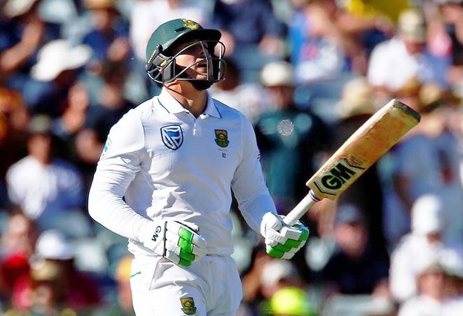South Africa's Quinton de Kock reacts after being dismissed by Australia's Josh Hazlewood on Day 1 of the 1st Test at the WACA in Perth on Wednesday