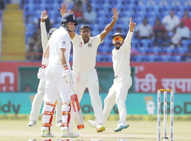 Ravichandran Ashwin of India appeals for a successful Leg Before Wicket (LBW) out for Haseeb Hameed of England during day 1 of the first Test at the Saurashtra Cricket Association Stadium in Rajkot on Wednesday