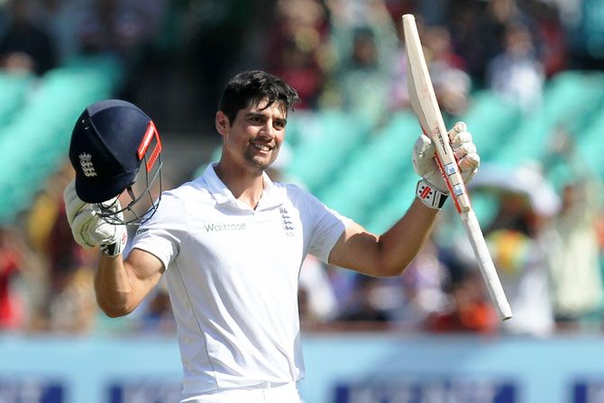 England captain Alastair Cook celebrates on completing his 30th Test century in Rajkot on Sunday