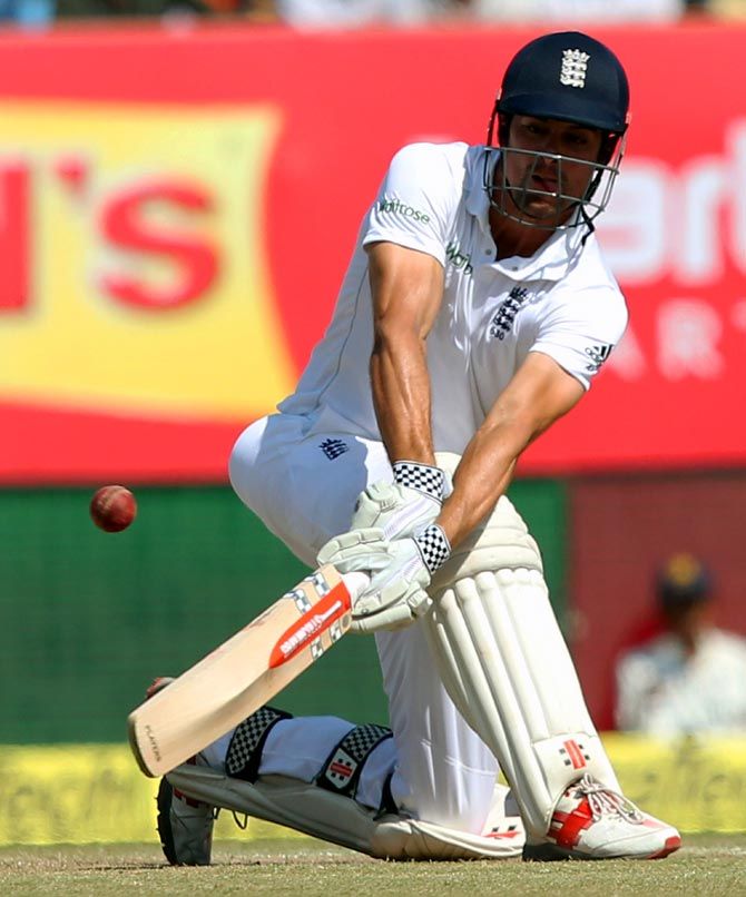 Alastair Cook bats during Day 5 of the 1st Test in Rajkot