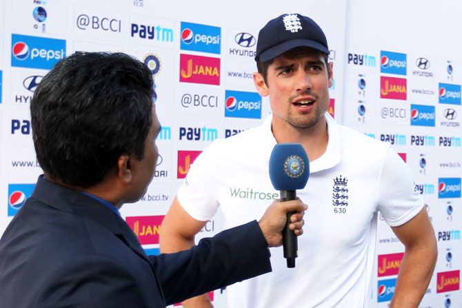 Alastair Cook speaks at the post-match presentation after the first Test in Rajkot on Sunday