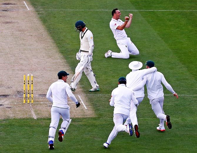 South Africa's Kyle Abbott and his team mates after taking the final wicket of Nathan Lyon to win the second Test in Hobart last week