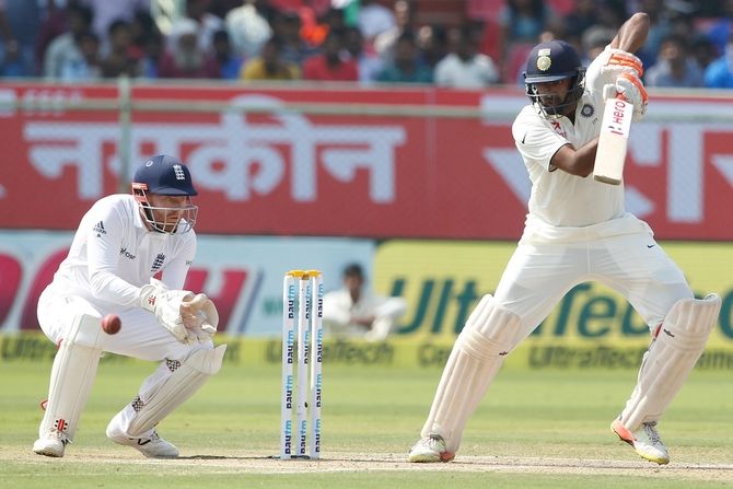 India's Ravichandran Ashwin plays a shot against England on day 2 of the second Test in Vizag