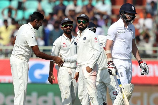 Ravichandran Ashwin celebrates his five-wicket haul after dismissing James Anderson on Saturday