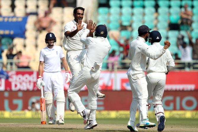 Jayant Yadav of India celebrates after dismissing Ben Stokes of England in the second Test in Vizag